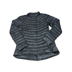 Athleta Downkind Goose Down Jacket Size XXS Gray Snaps Packable Lightweight